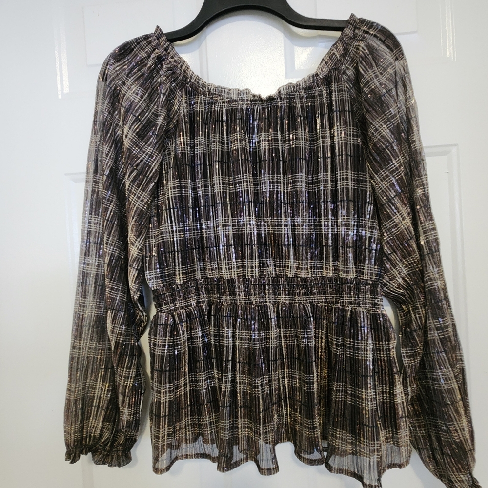 🔥Metallic Shiny Holiday Party Boho Blouse Neck & Sleeve Ruffle Plaid Sz S